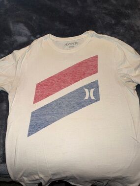 Hurley White Short-Sleeve Tee with Red and Blue Diagonal Bars